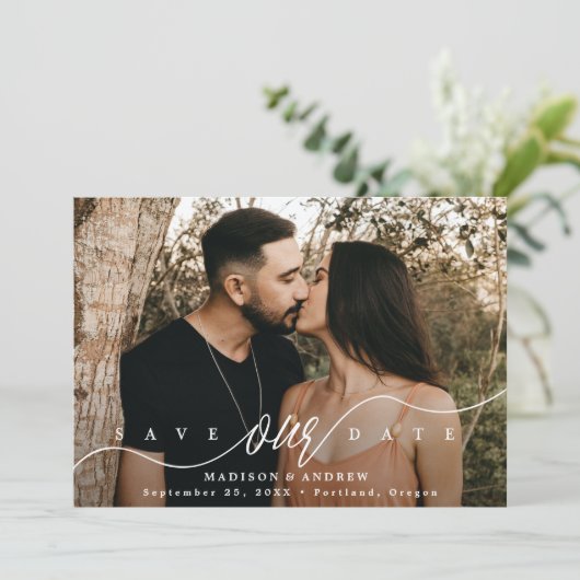 Liebe-Script-Foto geblüht Save The Date (Stehend Vorderseite)