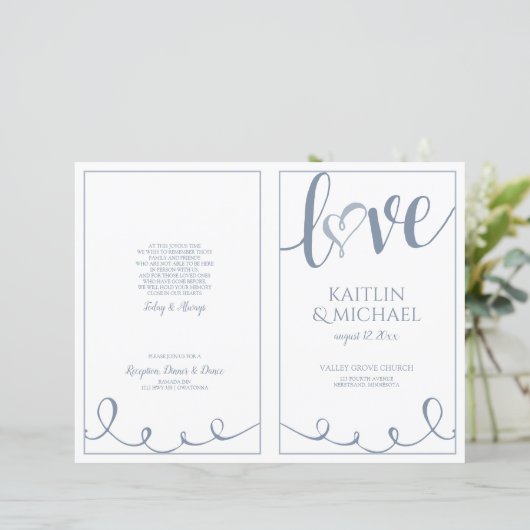 Liebe Script Heart Weddingprogramme Dusty Blue (Stehend Vorderseite)