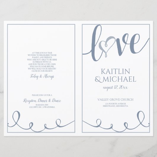 Liebe Script Heart Weddingprogramme Dusty Blue (Vorderseite)