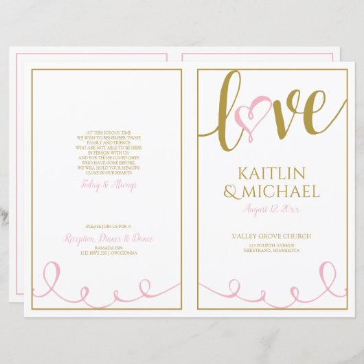 Liebe Script Heart Weddingprogramme Rosa & Gold (Vorne/Hinten)