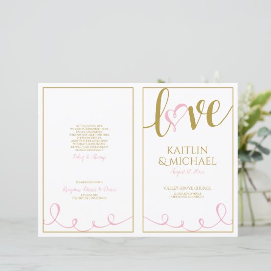 Liebe Script Heart Weddingprogramme Rosa & Gold (Stehend Vorderseite)