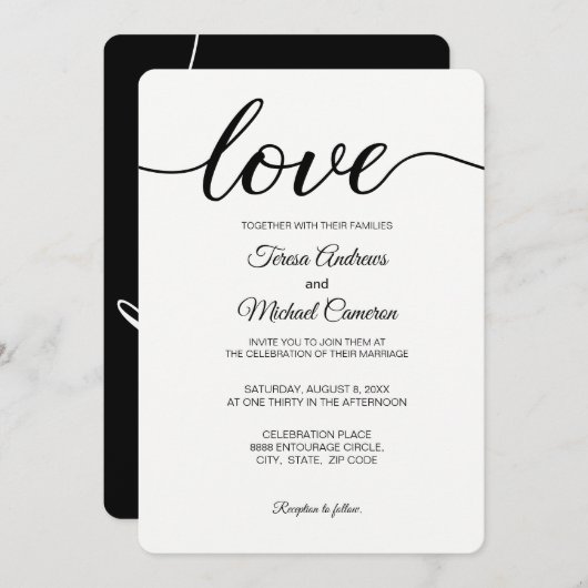 Liebe Script Hochzeitstypografie schwarz-weiß Einladung (Vorne/Hinten)
