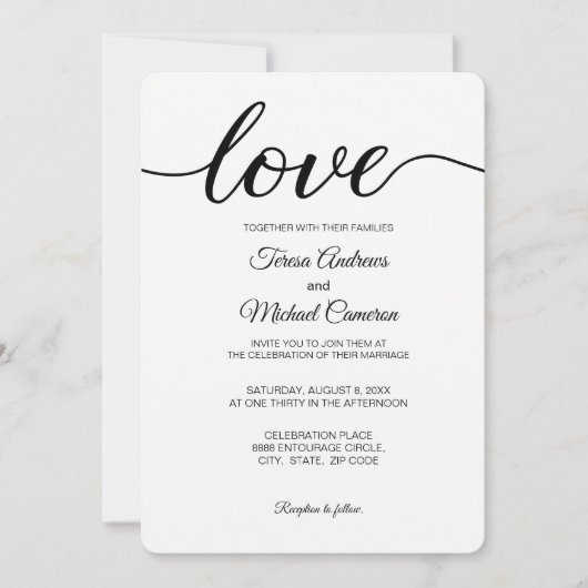 Liebe Script Hochzeitstypografie schwarz-weiß Einladung (Vorderseite)