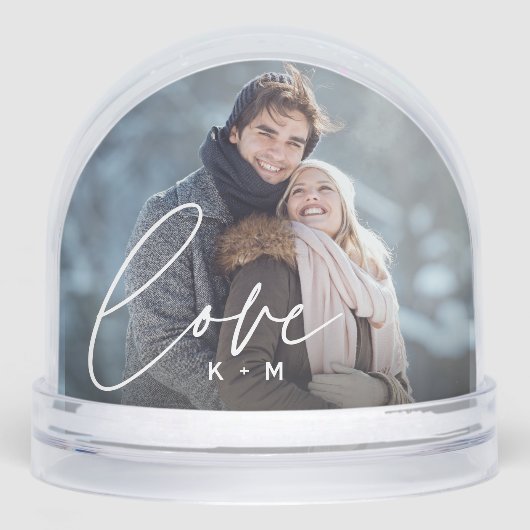 Liebe Script Overlay Paare Foto & Initialen Schneekugeln (Vorderseite)