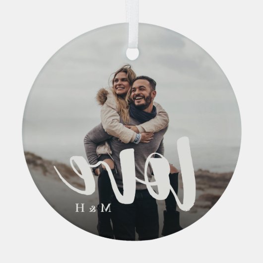 Liebe Script Overlay Personalisierte Paare Foto Ornament Aus Glas (Rückseite)