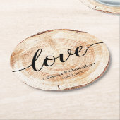Liebe Script Wood Slice Rustikale Hochzeit Runder Pappuntersetzer (Angewinkelt)