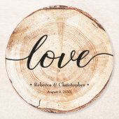 Liebe Script Wood Slice Rustikale Hochzeit Runder Pappuntersetzer (Vorderseite)