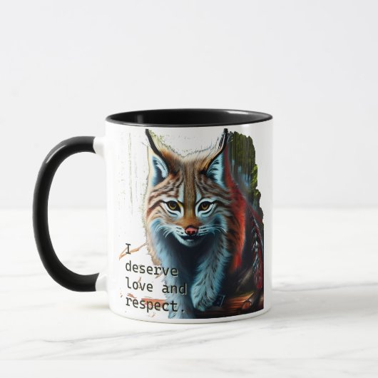 Liebe-Selbstmantra mit künstlerischer Luchs-Tasse Tasse (Links)