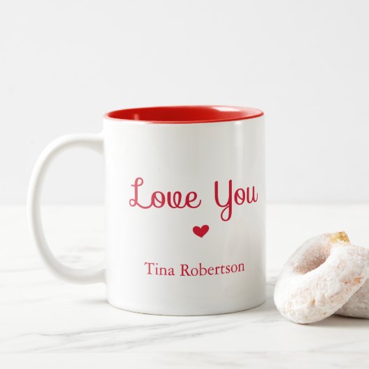 Liebe Sie rotes Herz personalisiert weiß Zweifarbige Tasse (Mit Donut)