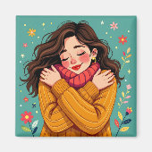 Liebe Sie selbst | Mädchen umarmt sich selbst Magnet (Vorne)