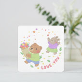 Liebe Sie: Teddy Bear & Bunny mit Blume Einladung (Stehend Vorderseite)