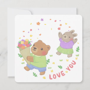 Liebe Sie: Teddy Bear & Bunny mit Blume Feiertagskarte