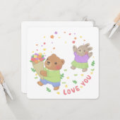 Liebe Sie: Teddy Bear & Bunny mit Blume Karte (Vorderseite/Rückseite Beispiel)