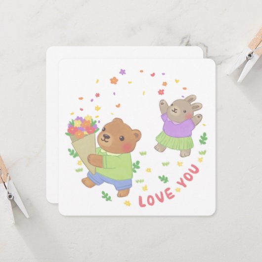 Liebe Sie: Teddy Bear & Bunny mit Blume Karte (Vorderseite/Rückseite Beispiel)