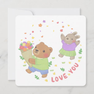 Liebe Sie: Teddy Bear & Bunny mit Blume Karte