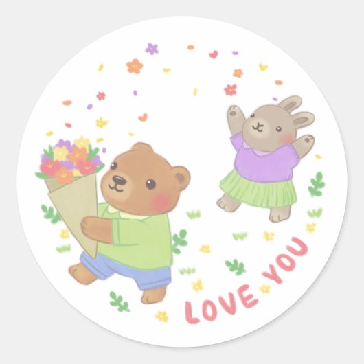 Liebe Sie: Teddy Bear & Bunny mit Blume Runder Aufkleber (Vorderseite)