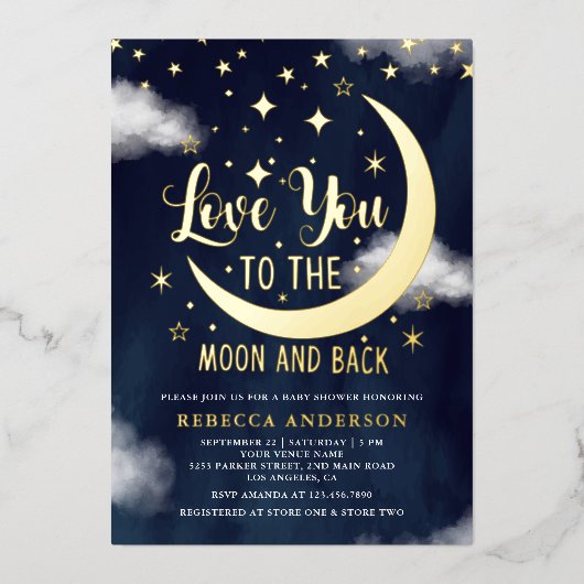 Liebe Sie zum Mond und zurück Baby Shower Gold Folieneinladung (Vorderseite)