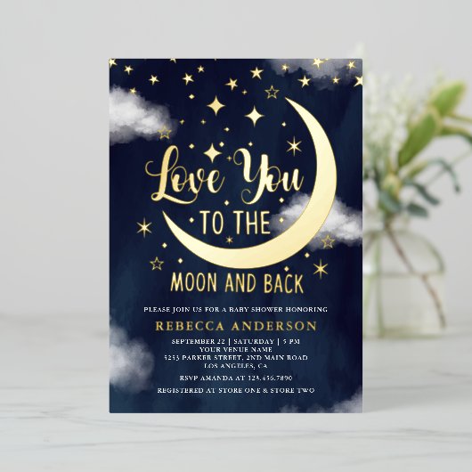 Liebe Sie zum Mond und zurück Baby Shower Gold Folieneinladung (Stehend vorne)