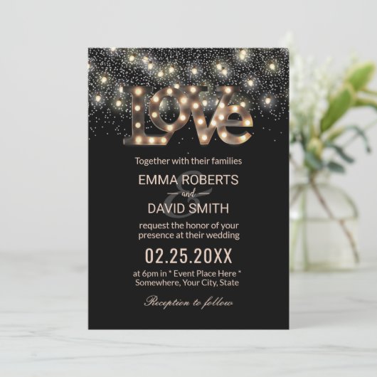 Liebe Signing String Lights Confetti Moderne Hochz Einladung (Stehend Vorderseite)