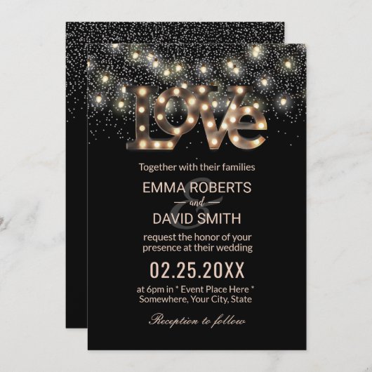Liebe Signing String Lights Confetti Moderne Hochz Einladung (Vorne/Hinten)
