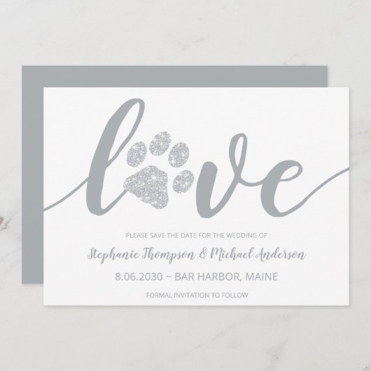 Liebe Silver Glitzer Paw Printhochzeit Save The Date (Vorne/Hinten)