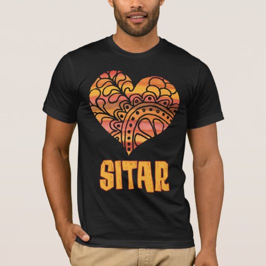 Liebe Sitar Orange Mandala Herz indische Musik T-Shirt (Vorderseite)