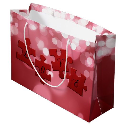 Liebe Skript Puzzle Pieces Große Geschenktüte (Rückseite Schrägansicht)