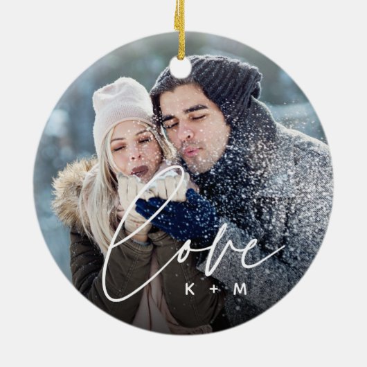 Liebe Skriptüberlagerung Foto & Initialen Keramik Ornament (Hinten)