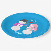 Liebe & Snowpeople Blau grün: Fröhliches Xmas Part Pappteller (Schrägansicht)