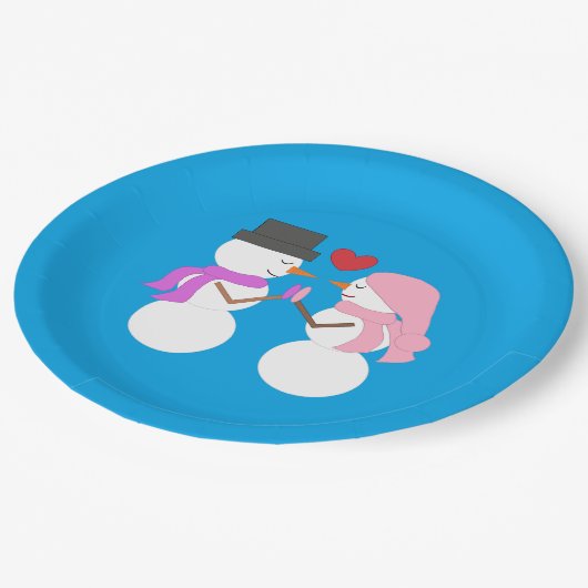 Liebe & Snowpeople - Blaugrün: Weihnachts-Party Pappteller (Schrägansicht)