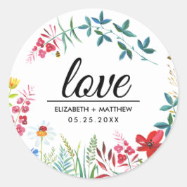 Liebe. Sommerliche Wildblumen Hochzeitsticker Runder Aufkleber
