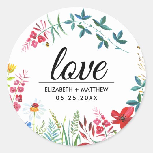 Liebe. Sommerliche Wildblumen Hochzeitsticker Runder Aufkleber (Vorderseite)