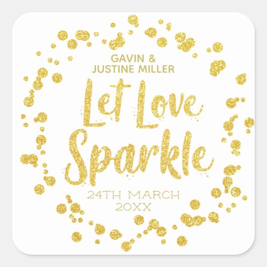 Liebe Sparkle Gold Confetti auf der White Wedding Quadratischer Aufkleber (Vorderseite)