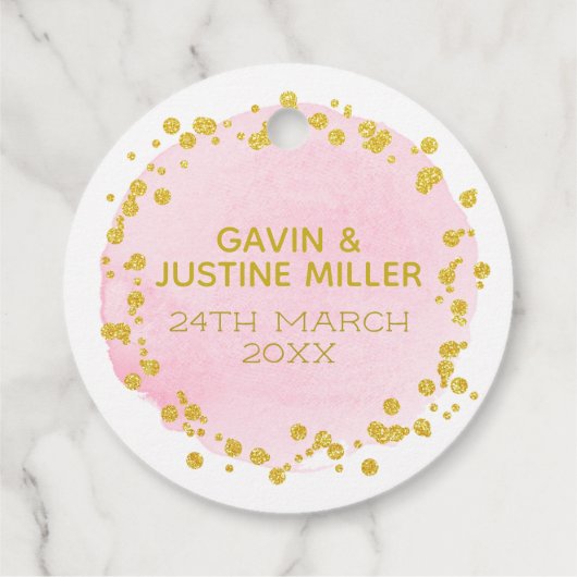 Liebe Sparkle Gold Confetti auf rosafarbener Hochz Geschenkanhänger (Rückseite)