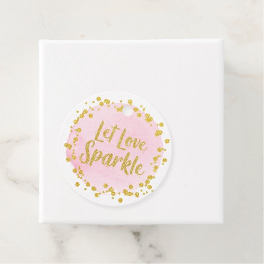 Liebe Sparkle Gold Confetti auf rosafarbener Hochz Geschenkanhänger (Beispiel)