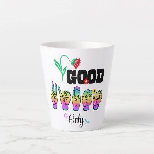 Liebe sprechen. Gute Vibes wecken Milchtasse (Vorderseite)