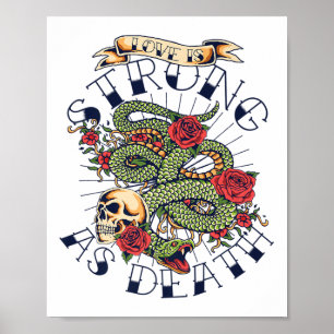 Liebe stark als Vintage Schädelschlange Rote Rosen Poster