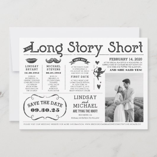 Liebe Story Timeline Fun Save the Date Foto Einladung (Vorderseite)