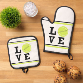 Liebe Tennis Ball Personalisierter Name Oven Mitt  Ofenhandschuh & Topflappen-Set