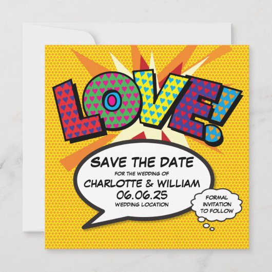 LIEBE Termin merken Lustig Retro Comic Buch Pop Ar Save The Date (Vorderseite)