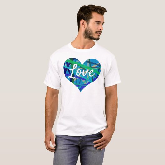 Liebe Textherz Form Blau & Grüne geometrische Lini T-Shirt (Vorne ganz)
