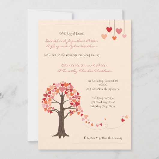 Liebe Tree Hearts Wedding Einladung (Vorderseite)