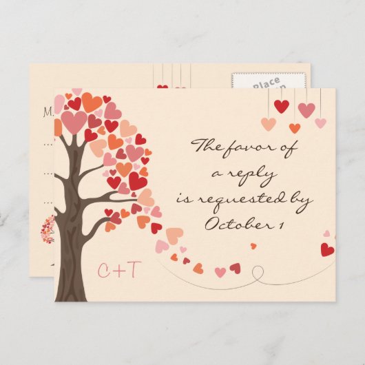 Liebe Tree Hearts Wedding rsvp Einladungspostkarte (Vorne/Hinten)