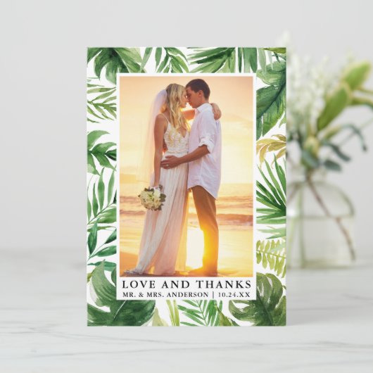 Liebe tropischer Wasserfarben dank Hochzeit Dankeskarte (Stehend Vorderseite)