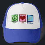 Liebe Truckerkappe<br><div class="desc">Peace Liebe Trombone hat einen Hut für ein Mitglied der Marching Band,  die Lieben spielen ein Messinginstrument. Ein niedliches Friedenszeichen,  Herz und Posaune.</div>