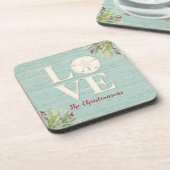 LIEBE Typografie Küste Sand Dollar Rustikaler Stra Getränkeuntersetzer (Linke Seite)