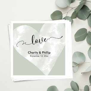 "Liebe"-Typografie mit weißem Herz und Salbeigrün Serviette