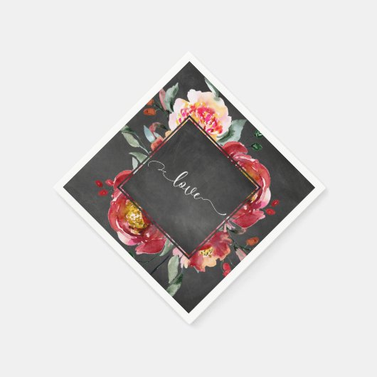 Liebe Typografie Red Floral Bouquet auf Chalkboard Serviette (Ecke)