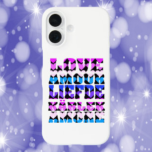 Liebe Typografie Sprachen Herz Rosa Lila Blau iPhone 16 Hülle