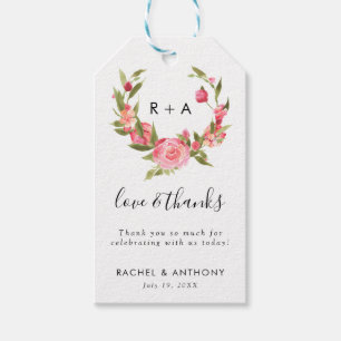 Liebe u. Dank Watercolor-Rosa-Rosewreath-Hochzeit Geschenkanhänger